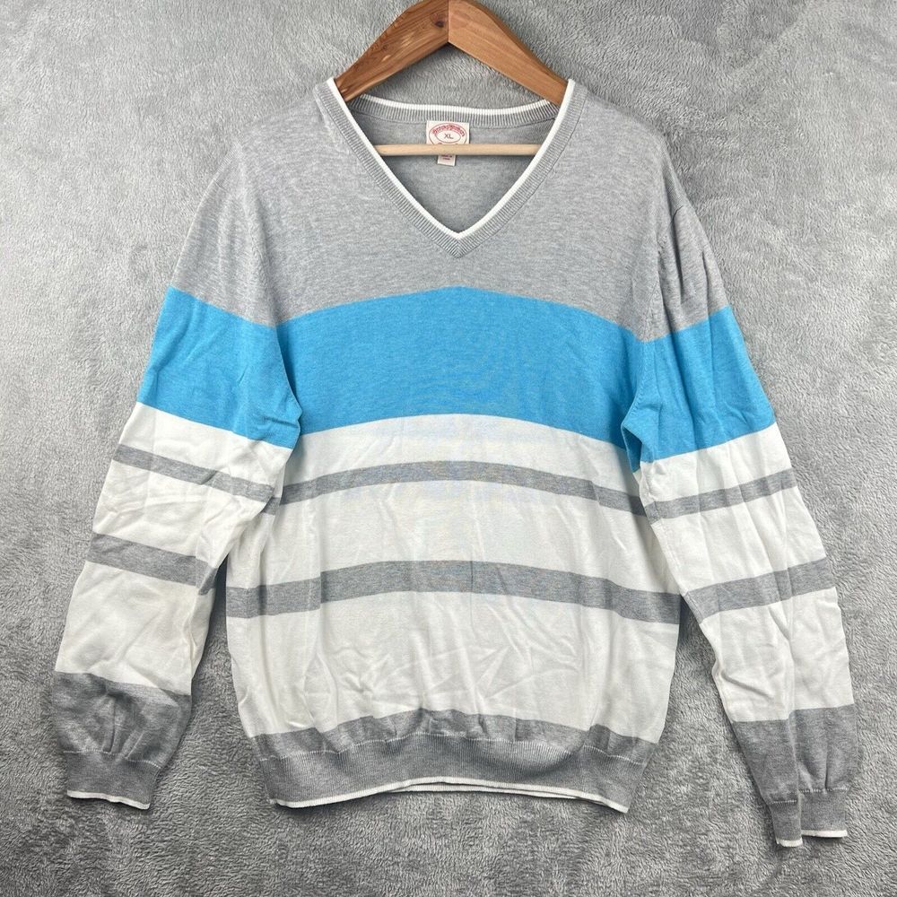 Brooks Brothers Sweater Men's XL 100% Supima Cotton Gray Blue White Striped